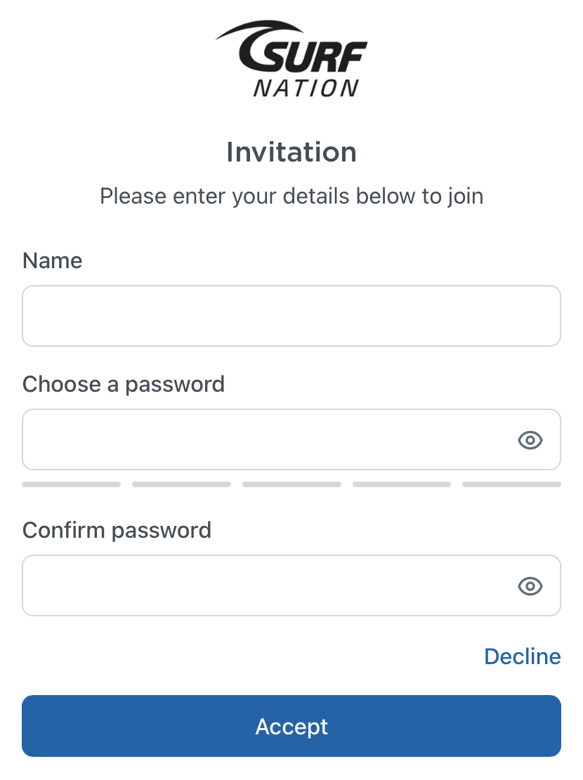 Invitation form: name, choose a password, confirm password, Accept
